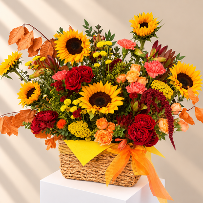 Autumn sunflower and red rose basket arrangement with yellow and orange bows, front view