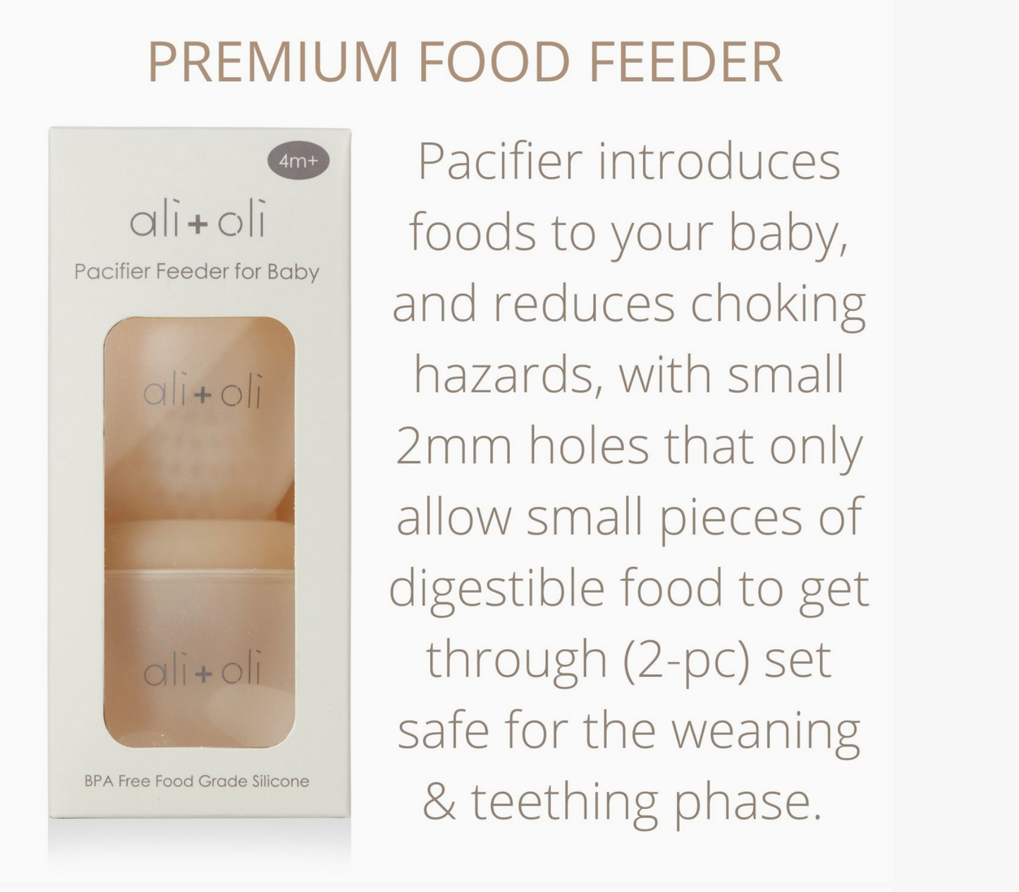  ali+oli pacifier feeder packaging with product description text on a white background