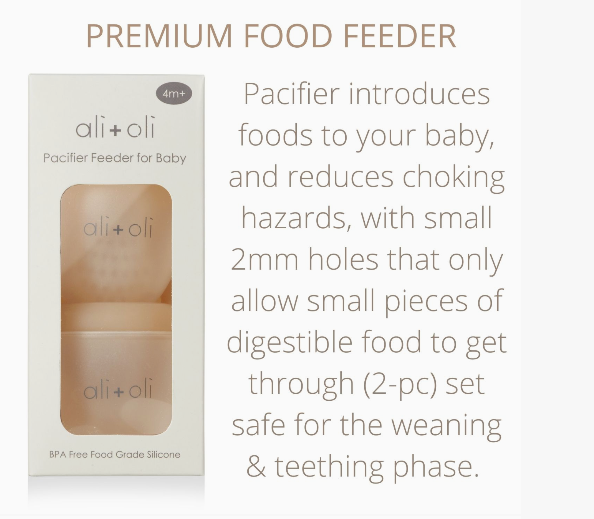 ali+oli pacifier feeder packaging with product description text on a white background