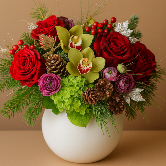 Bouquet of red roses,orchids, and other flowers in a white vase 