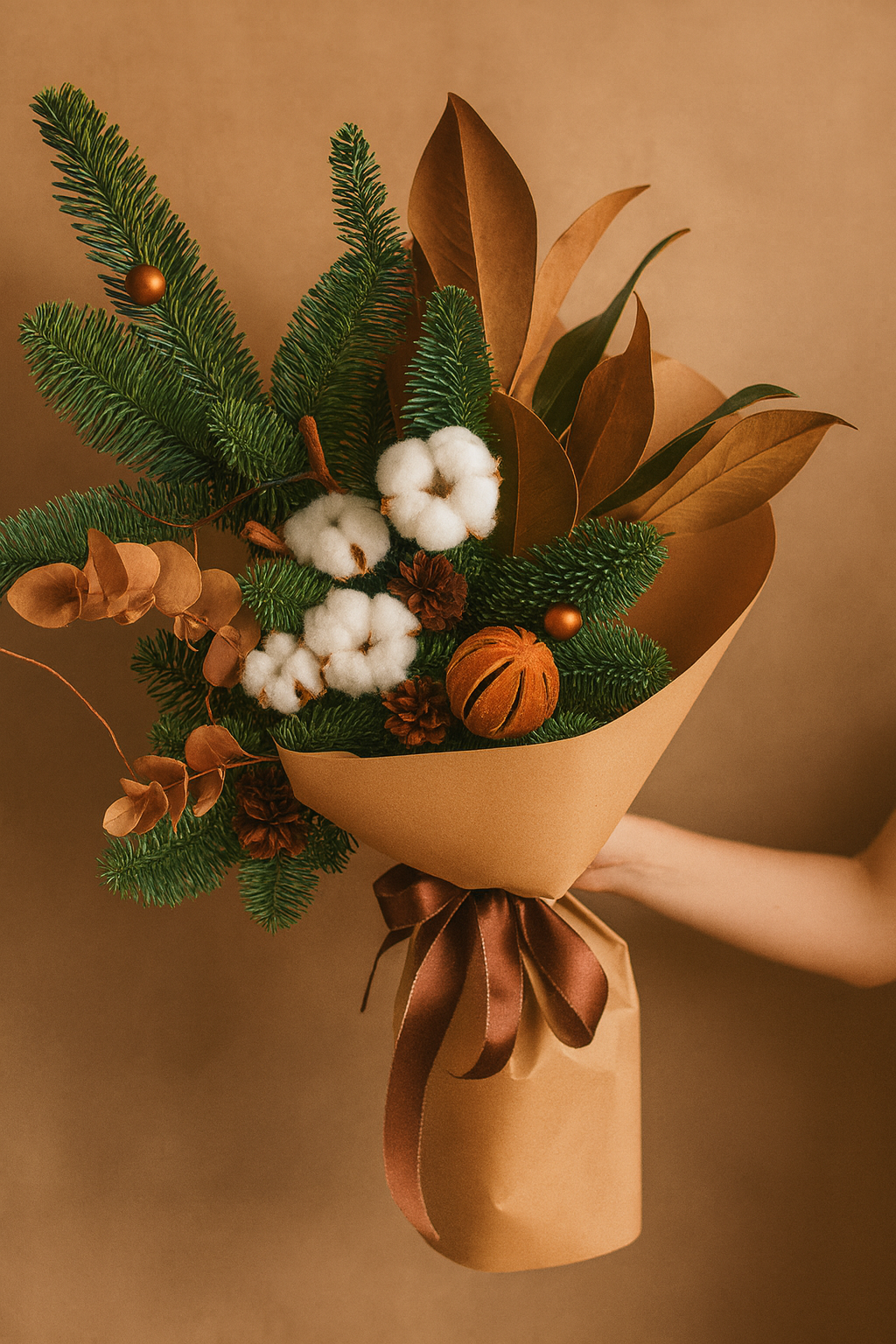 Winter Evergreens Bouquet with Cotton, Natural Accents | Holiday Gift