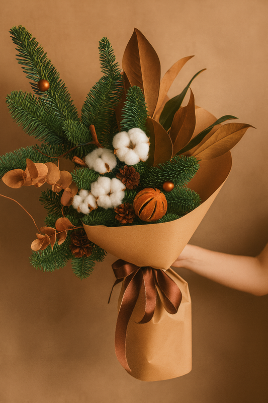 Winter Evergreens Bouquet with Cotton, Natural Accents | Holiday Gift