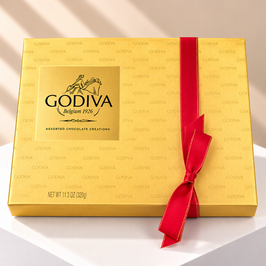 The elegant gold box is finished with a bold red ribbon, making it a perfect stand-alone gift or a delightful add-on to pair with your chosen flower arrangement from Flowers N Baskets.