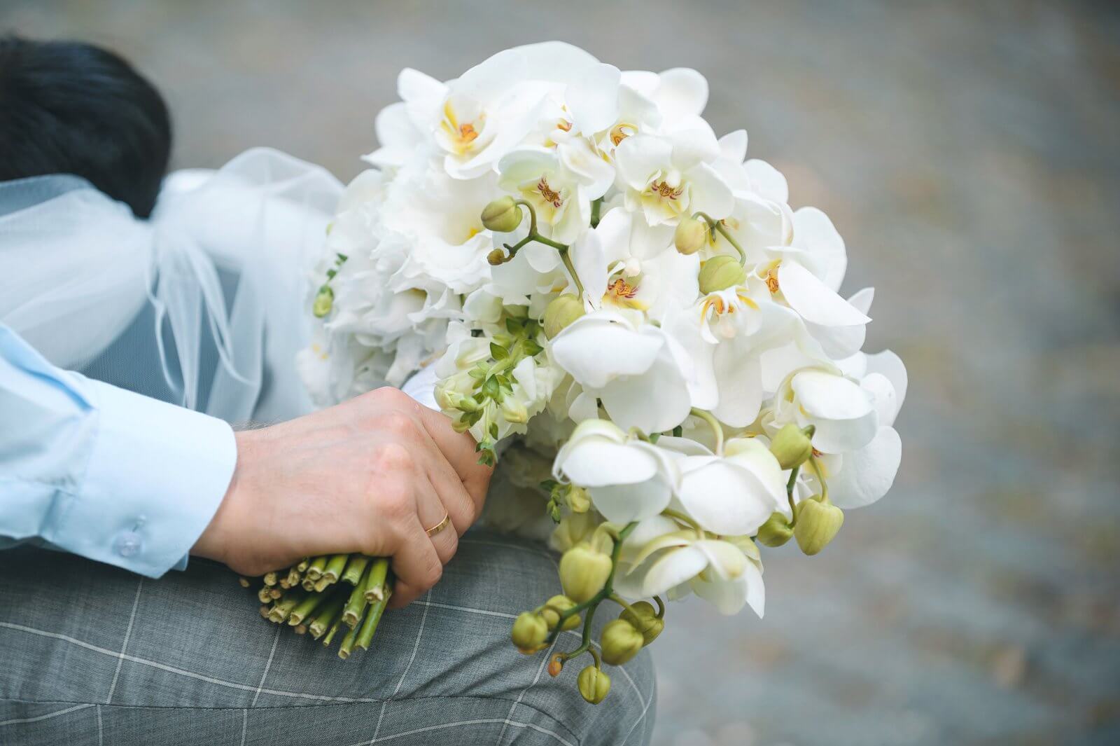 Person holding a bouquet of white flowers with green buds.