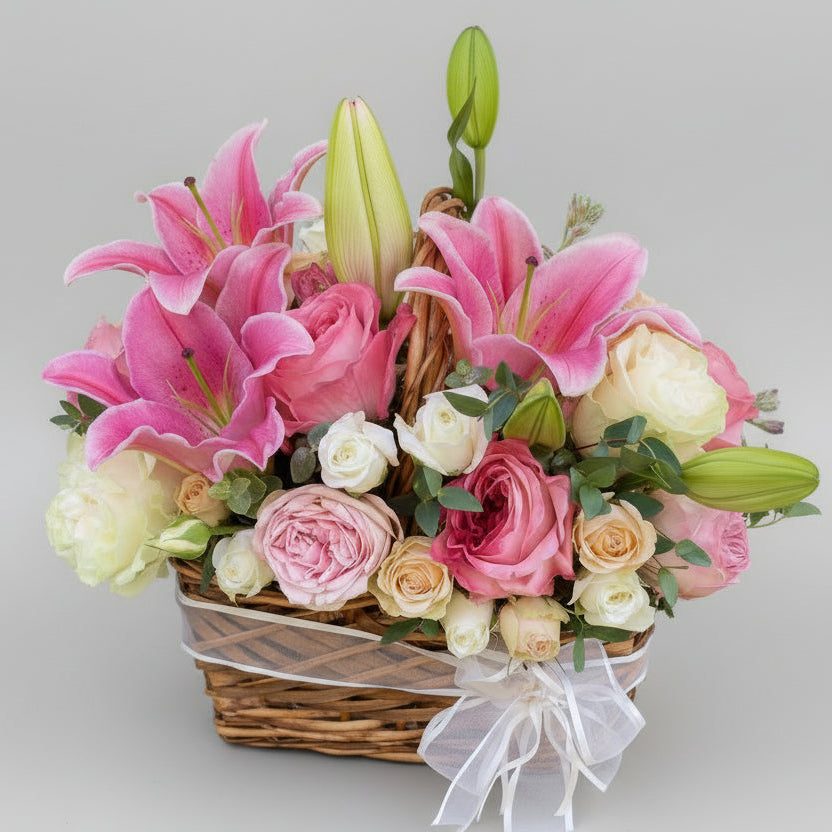  pink and white flowers in a basket 