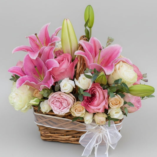  pink and white flowers in a basket 