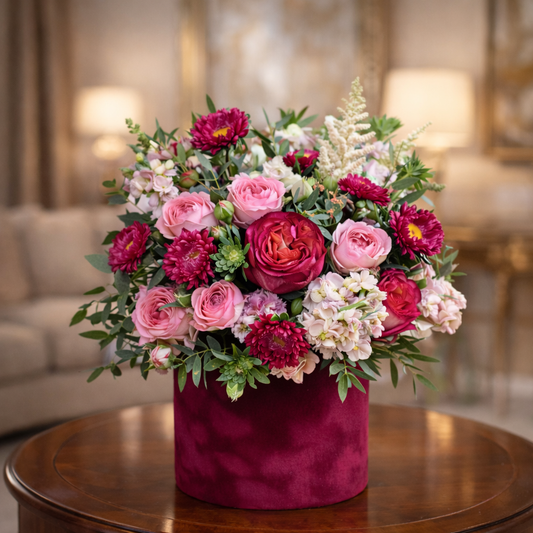 burgudy hat box with pink  flowers