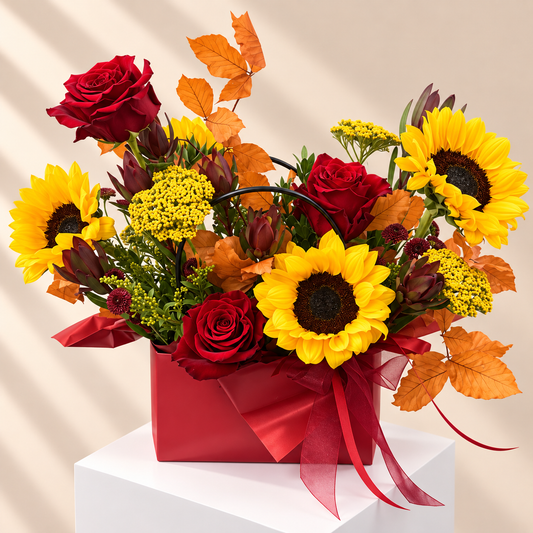 Autumn Beauty flower arrangement with yellow sunflowers, red roses and orange autumn accents in a red gift bag with ribbon