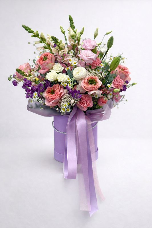 Floral arrangement in a light purple box with a pink ribbon on a white background