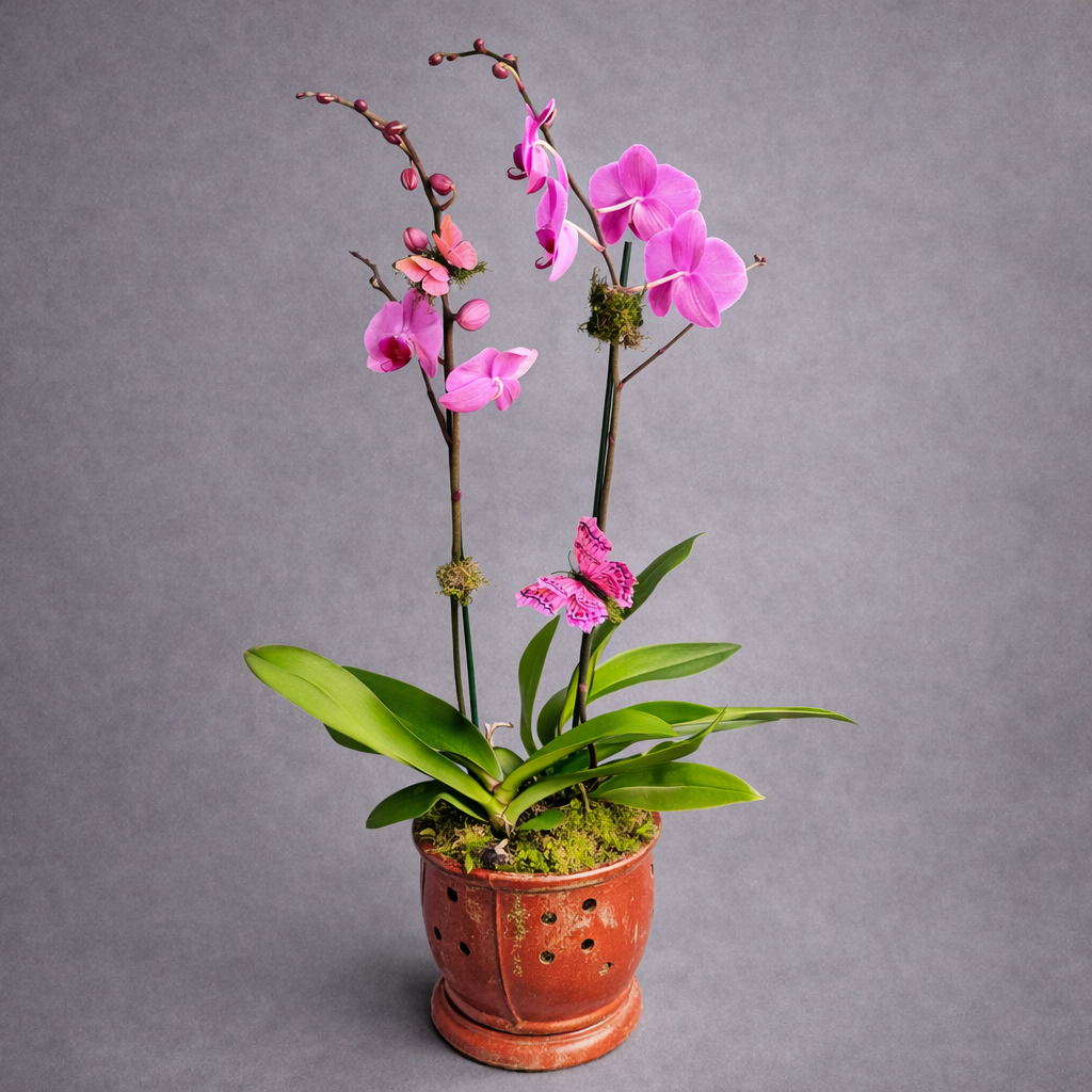 Potted orchid with pink flowers 