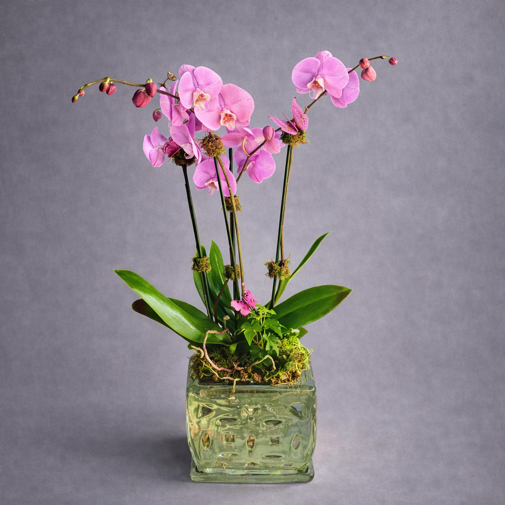 Pink orchids in a ceramic pot