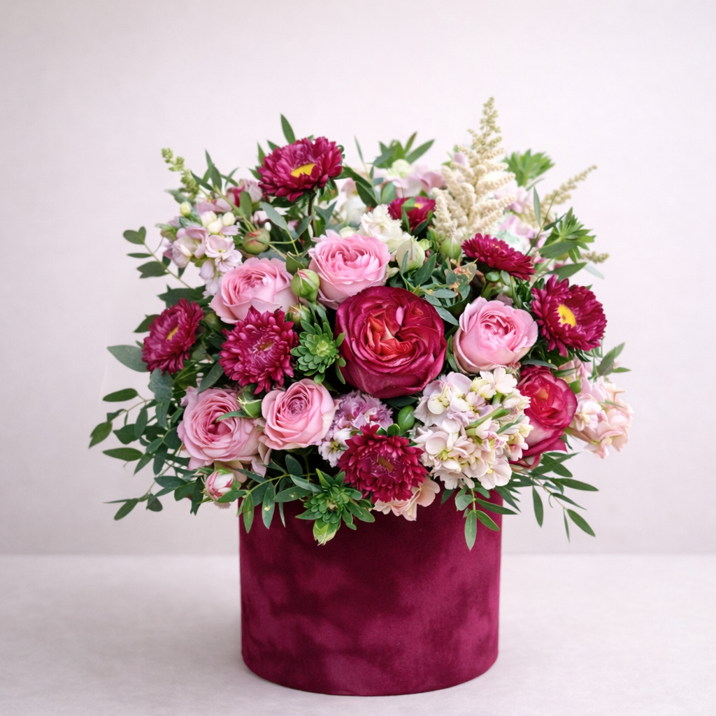 Bouquet of flowers in a burgundy hat box