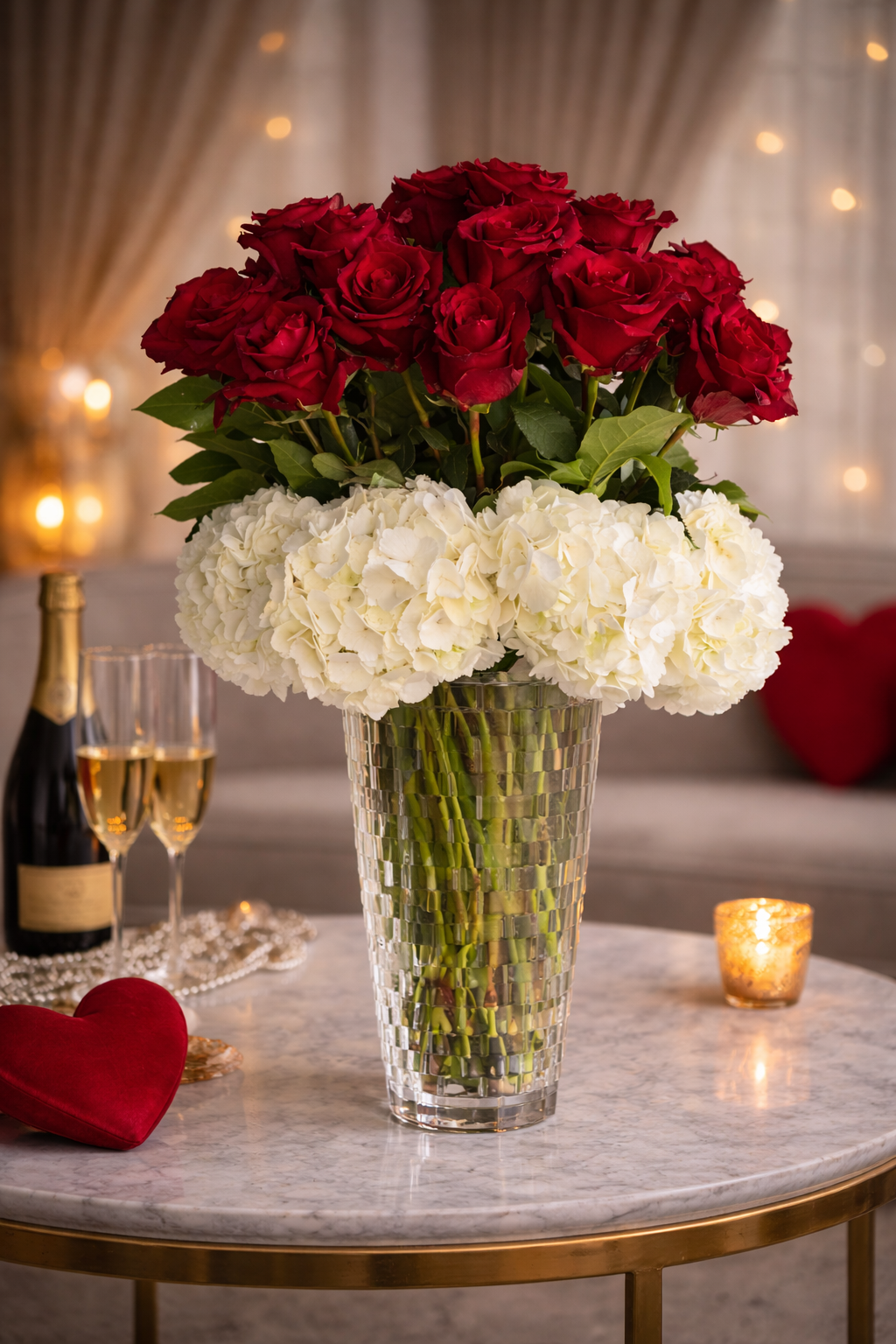 two dozen red roses hydrangea