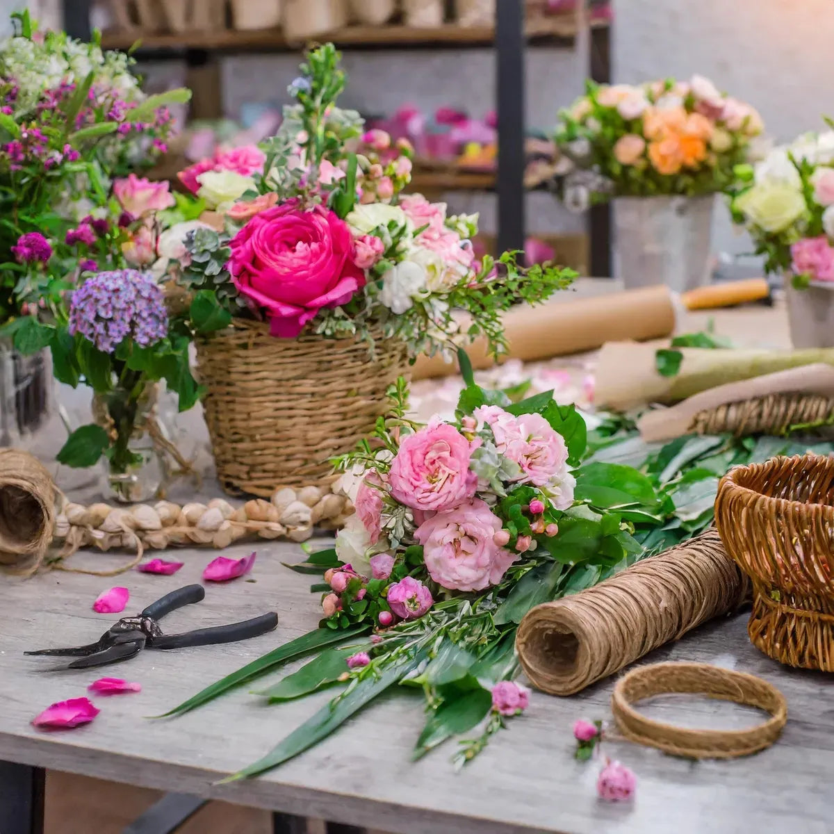 Mixed flower bouquet with roses and lisianthus in rustic basket – Sweetheart Surprise by Palm Harbor florist
