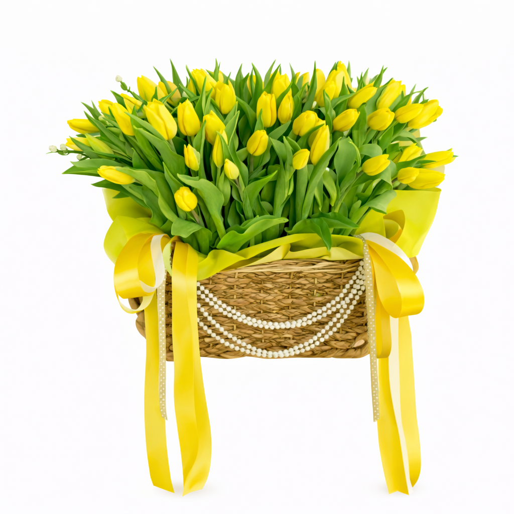 Summer Opulence - 80 Tulips in Willow Basket