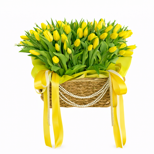 Spring Opulence - 80 Yellow Tulips in Willow Basket